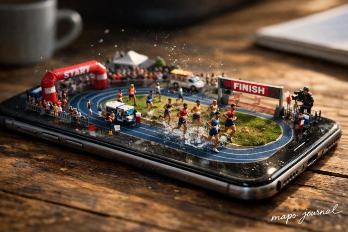 [AI 이미지 만들기] 미니어처 마라톤이 펼쳐진 스마트폰