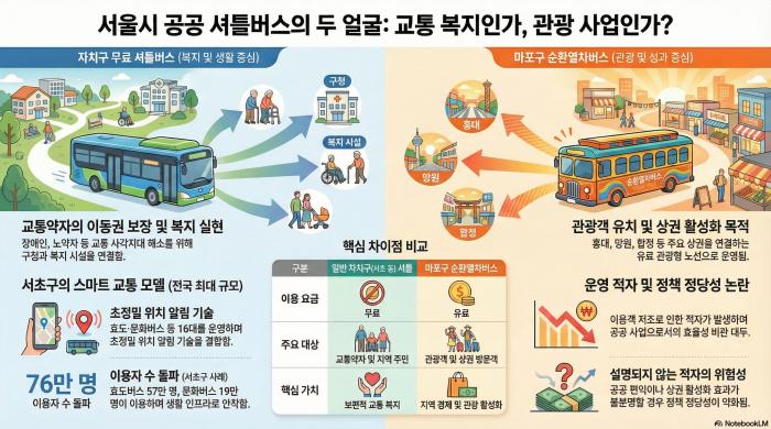 무료 셔틀 21개 구 확산…서초는 ‘스마트 모델’, 마포는 "유료 관광모델"