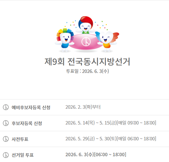 제9회 전국동시지방선거... 후보자 등록 완료, 투표일 2026년 6월 3일 수요일